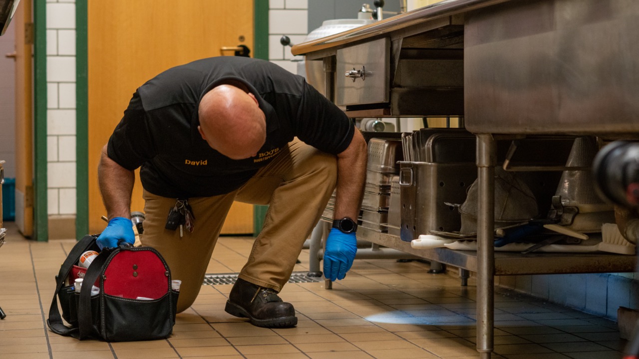Pest Control technician inspecting a commercial kitchen for insects or rodents